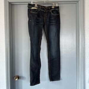 Antique Rivet Women's Jeans Dark Blue Wash Embroidery Leather Trim sz 32